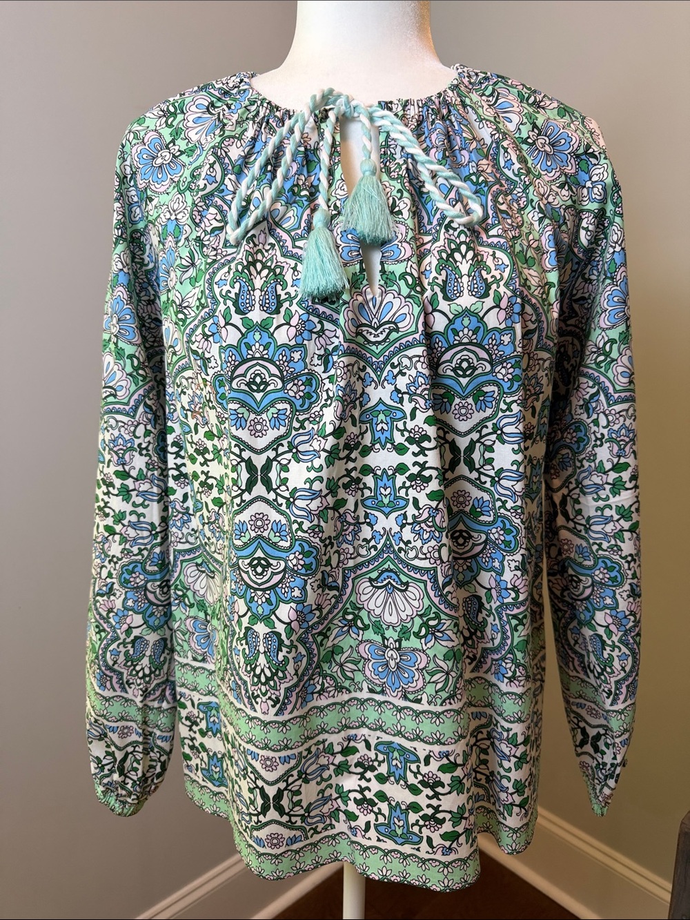 New With Tags. Shoshanna Green & Blue Tassel Tie Peasant Blouse. Size Small.